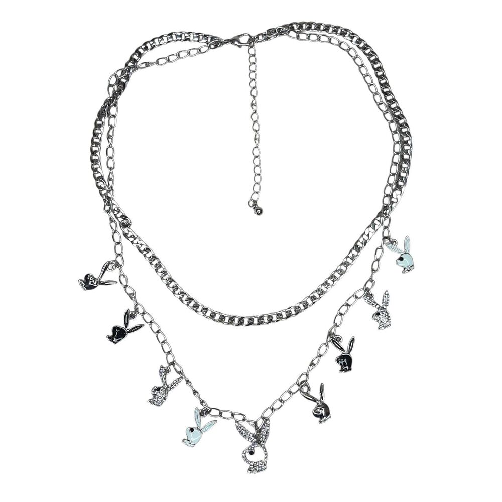Playboy Bunny Necklace Silver Tone Y2K Layered Chainlink Enamel Rhinestones